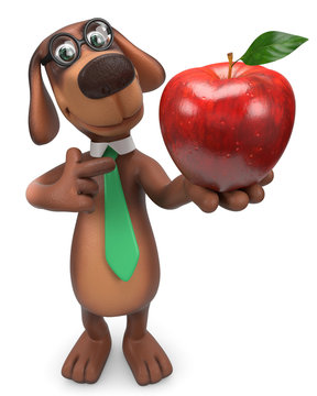 3d Comicfigur Hund zeigt einen Apfel als gesunde Ern&auml;hrung.