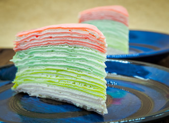 Selective focus / Rainbow vanilla crepe cake. Food image
