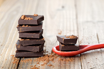 Chocolate pieces and cocoa on wooden table