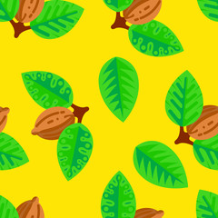 seamless cacao bean, leaves, nibs, pattern