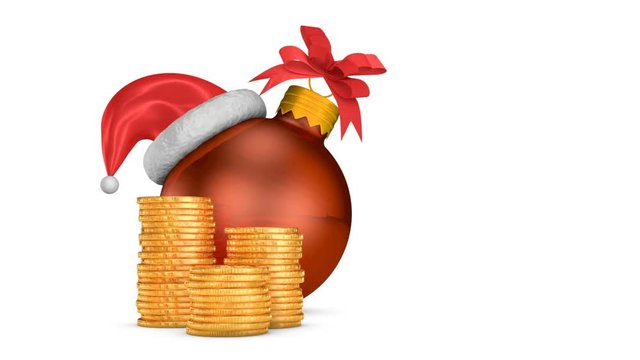 arrow percent near the stacks of coins and Christmas ball. 3d render.