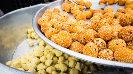 Local thai olden dessert (Thai name = Kai Hong) , local market at temple in Bangkok , Asia , Thailand