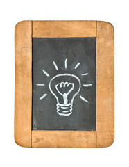 Light bulb icon, white chalk handwriting on isolated vintage slate blackboard