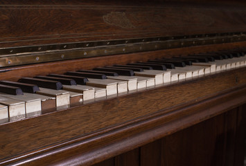 gCloseup of antique piano keys and wood grain