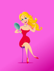 the smiling blonde girl in red dress with a flowing hair in pink