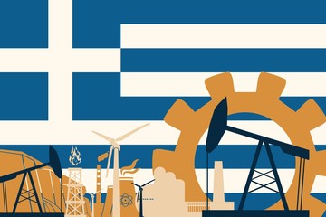 Fototapeta na wymiar Energy and Power icons set with Greece flag. Sustainable energy generation and heavy industry. Vector illustration