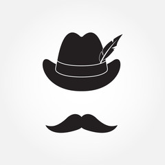 German hunting hat with feather and moustache. Oktoberfest beer festival. Vector illustration.
