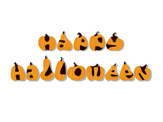 Happy Halloween carving. Modern lettering with cute pumpkin isolated on white background. Hand lettering, silhouette of pumpkins with shadow.