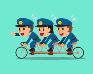 Cartoon three policemen ride tandem bicycle