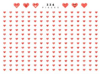 Big set 224 emotions red hearts isolated on white background. Emoji for Web. Smile characters cute