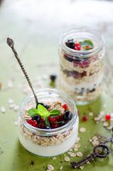 yogurt with berries and products for healthy breakfast, close-up
