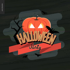 Halloween Party lettering and a jack-o-lantern. Vector cartoon illustration of a cutout pumpkin and flying bats, a black thorny bench, ribbon and writing on it, placed on a contemporary shape.