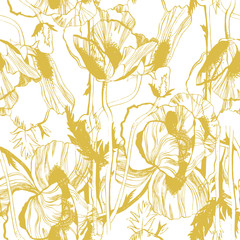 Vector seamless pattern with hand-drawn ink flowers