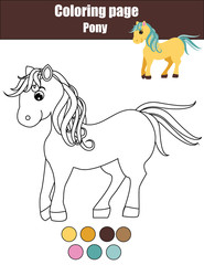 Coloring page with cute pony, horse. Educational game, drawing kids activity