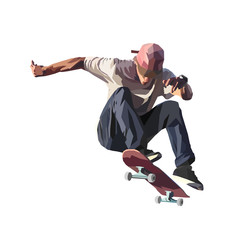 Skateboarder doing a jumping trick, low poly vector illustration