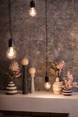 Bulbs at the gray concrete wall background