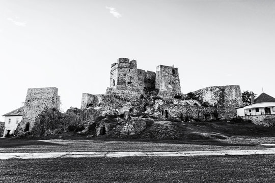 Castle ruins in Levice city, Slovakia, black and white