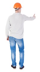 Back view of builder in helmet shows thumbs up.   Rear view people collection.  backside view of person.  Isolated over white background.
