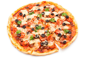 Pizza with ham, pepper and olives