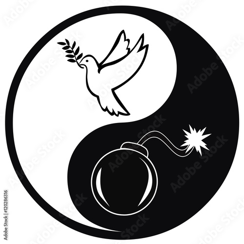 "Peace and War. Symbol and concept sign for pacifism versus warfare