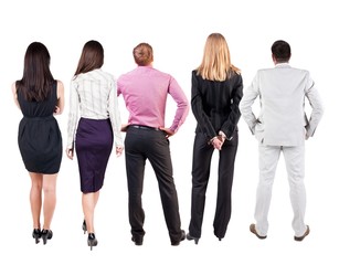 Obraz premium Back view of business team looks at wall. Teamwork business people looking at something. Rear view people collection. backside view of person. Isolated over white background.