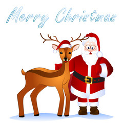 Merry Christmas card with deer and Santa