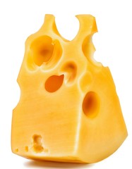 piece of cheese. a triangular slice of cheese with holes. Isolated over white background.