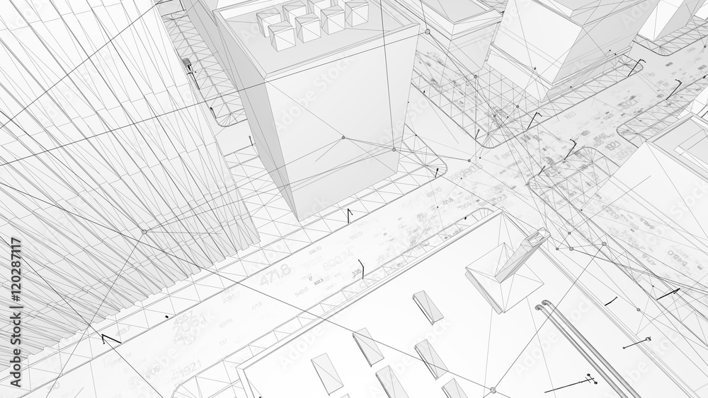Poster abstract 3d city rendering with lines and digital elements. skyscrappers with wireframe texture and 