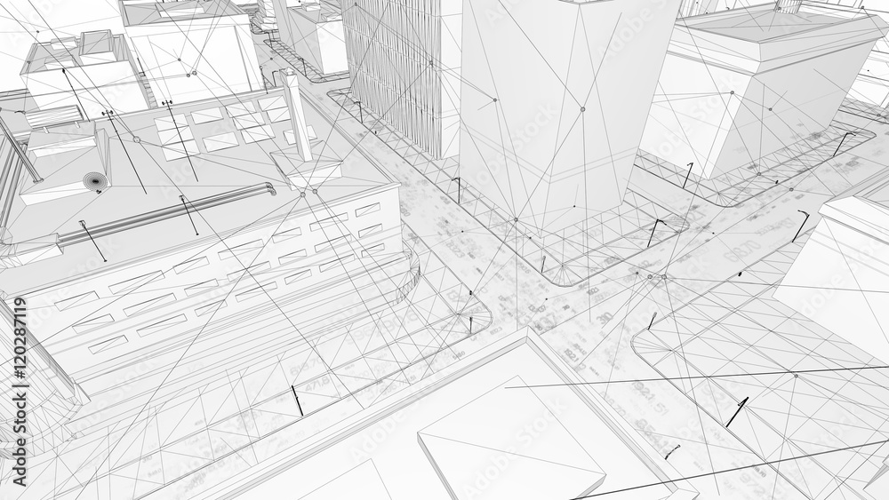 Poster abstract 3d city rendering with lines and digital elements. skyscrappers with wireframe texture and 
