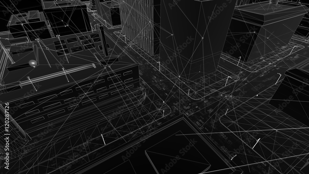 Poster abstract 3d city rendering with lines and digital elements. skyscrappers with wireframe texture and 