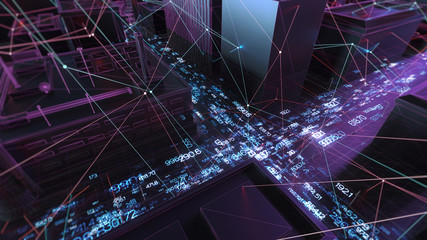 Abstract 3d city rendering with lines and digital elements. Skyscrappers with wireframe texture and random digits. Technology and connection concept. Perspective architecture background. - 120287112