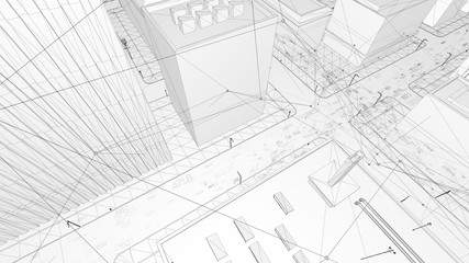 Abstract 3d city rendering with lines and digital elements. Skyscrappers with wireframe texture and random digits. Technology and connection concept. Perspective architecture background.