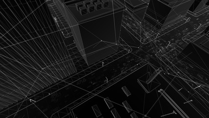 Abstract 3d city rendering with lines and digital elements. Skyscrappers with wireframe texture and random digits. Technology and connection concept. Perspective architecture background.