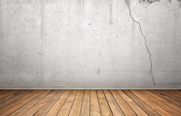 Rendering of interior with white concrete cracked wall and wooden floor.
