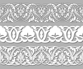 Set tape seamless floral patterns in ethnic national style of Uzbekistan, Asia. Vector illustration.