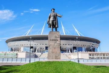 Monument to prominent figure of the Bolshevik Party Kirov before the football stadium on Krestovsky Island in St. Petersburg