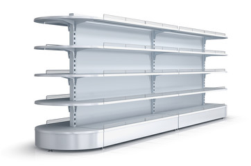 White blank empty showcase display with retail shelves. White background Isolated. 3d image