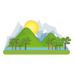 natural landscape with mountains and hills trees and sun. vector illustration