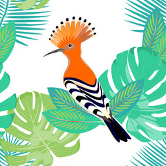 Exotical tropical seamless pattern with palm leaves & hoopoe. Vector. © yulyyulia