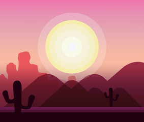 desert natural landscape with dry mountains and sun background. vector illustration