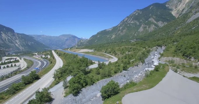 4K Aerial, Flying along Autoroute De La Maurienne, France - ungraded version