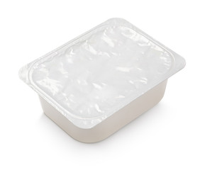Blank of rectangular aluminum foil cover food tray isolated on white background with clipping path