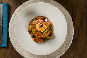 Dish of linguine with seafood. Typical Sicilian cuisine, the tradition of the Mediterranean diet.