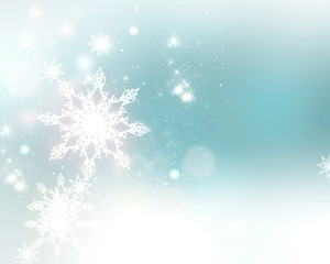 Fototapeta na wymiar Winter glowing snowflakes on blue green background.