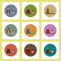 flat icons set of volcano explosion and house concept on colorful circles