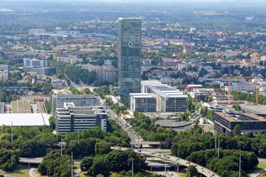 Aerial view of Munich, Germany from the 291 m high Olympic tower (Olympiaturm).