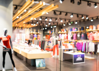 Blurred showcases fashion boutique with sportswear . Blurred bokeh basic background for design