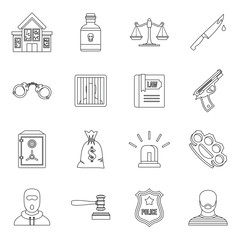 Crime and punishment icons set in outline style. Law and order set collection vector illustration