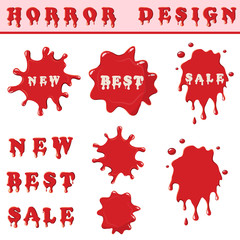 Blood splash with words new, best, sale isolated on white background. Red blood spots set collection vector illustration