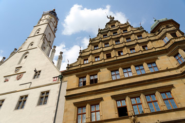 The Renaissance part (1572-1578) of the historic Town Hall (Rathaus) in Rothenburg ob der Tauber in Germany, situated on the Marktplatz square